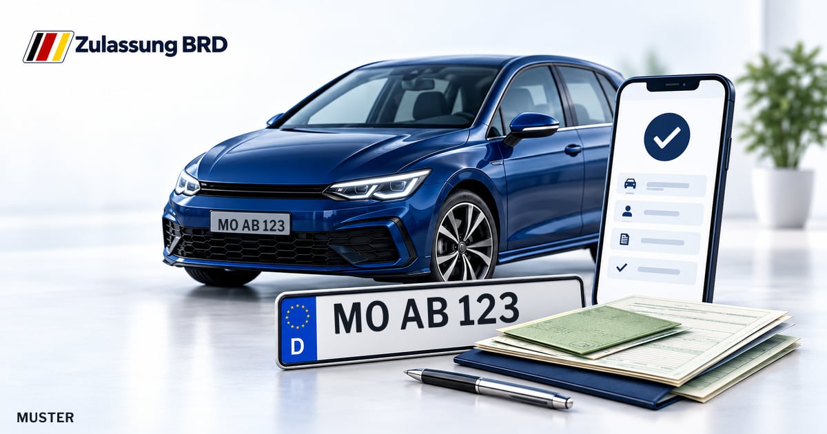 Online Fahrzeugzulassung in Rheinberg: Musterkennzeichen MO AB 123, Auto und Fahrzeugpapiere und Smartphone. Illustration mit Logo von Zulassung BRD.